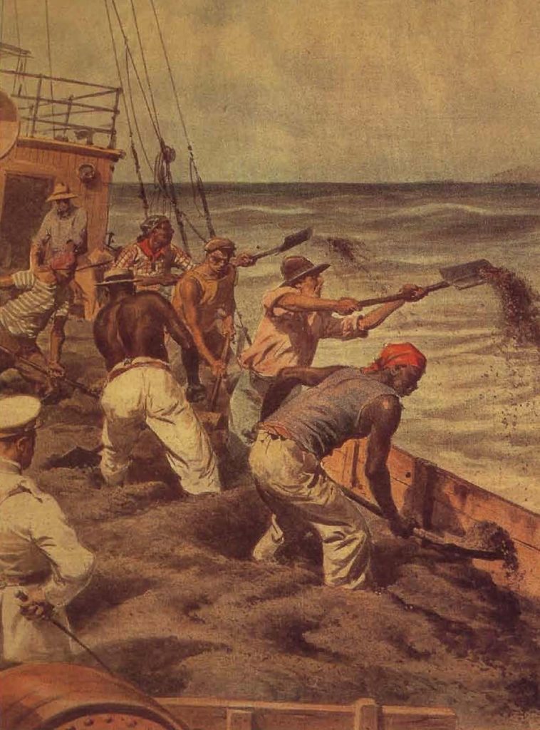 Dans certains cas, les marchands ordonnaient aux ouvriers de jeter le café à la mer afin d'éviter que les prix ne baissent, illustration, Brésil, 1932.