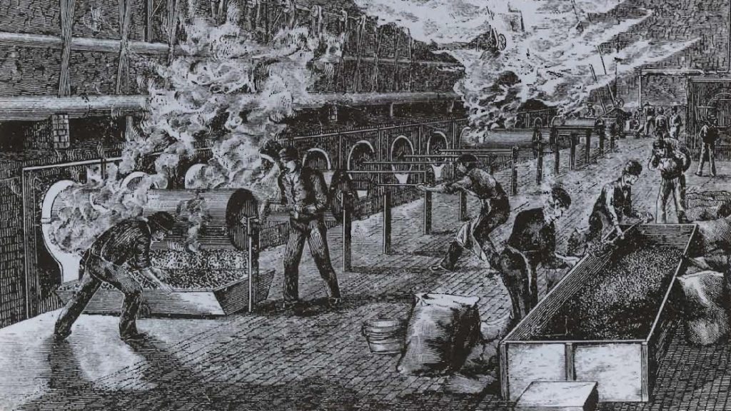 La torréfaction de café importé dans une usine anglaise, gravure, 1870.