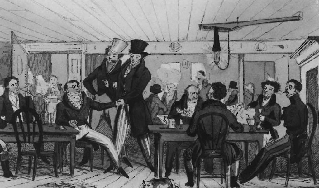 Scène de discussion fort animée à l'intérieur du café Offley's, vers 1820.