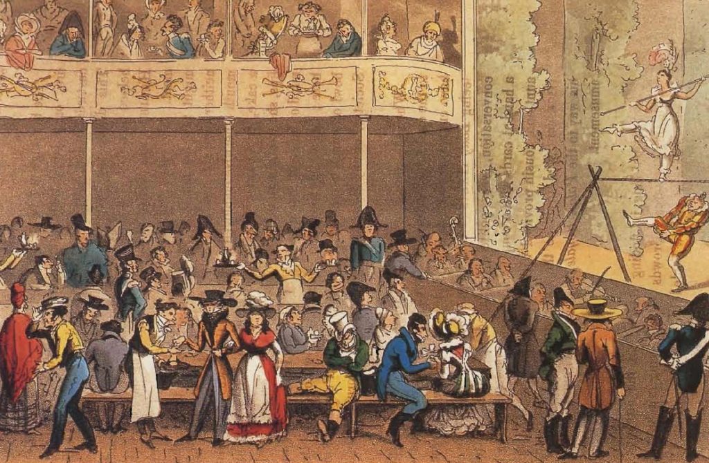Divertissement et café au Café de la Paix, gravure de La Vie parisienne par David Carey, 1822.