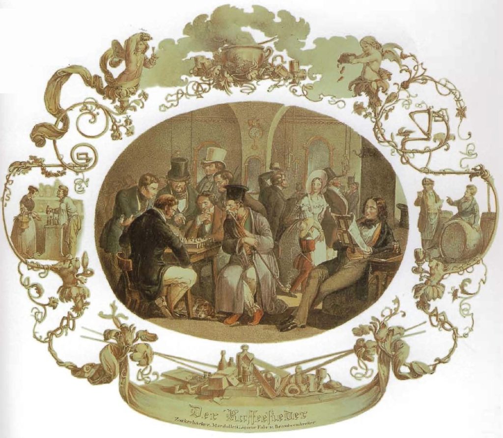 Le Cafetier, scène de café viennoise avec des joueurs d'échecs, un Arménien qui fume et un lecteur de journaux, vers 1840.