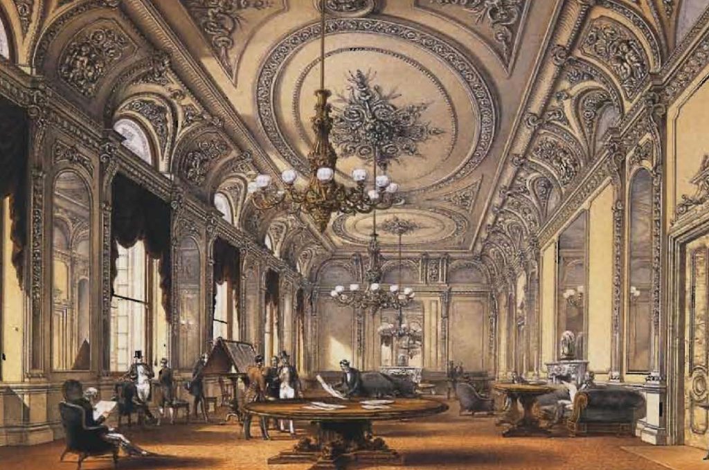 Les somptueux intérieurs du Club de l'armée et de la marine, à Londres. Lithographie de Robert Kent Thomas.