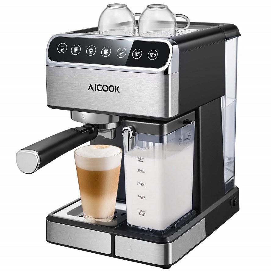 Cafetiere Aicook, Cafetiere automatique et Cafetiere expresso avec écran numérique et Cappuccinatore, 15 bar multifonctions pour Cappuccino et Latte